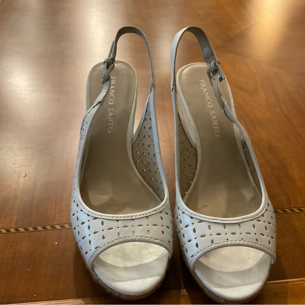 Franco Sarto White Perforated Peep-Toe Slingback Wedges